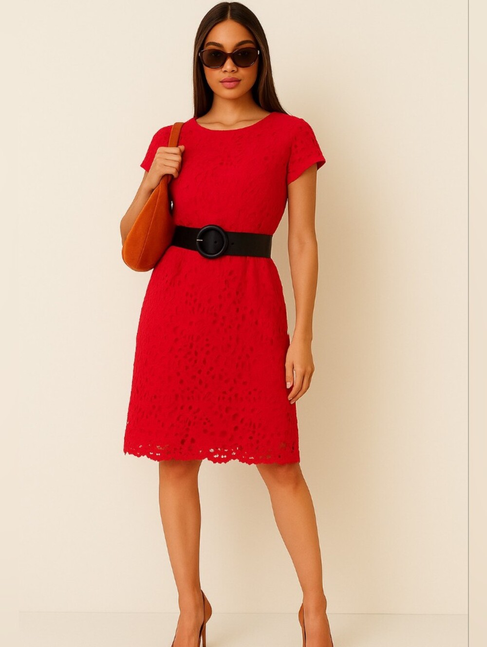 SUZY SHIER 🐞 Red Floral Lace Short Sleeves Midi Dress Sz: S